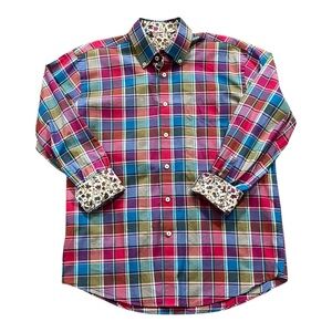 Alan Flusser Vibrant Plaid Button Down Shirt with Floral Cuffs size M